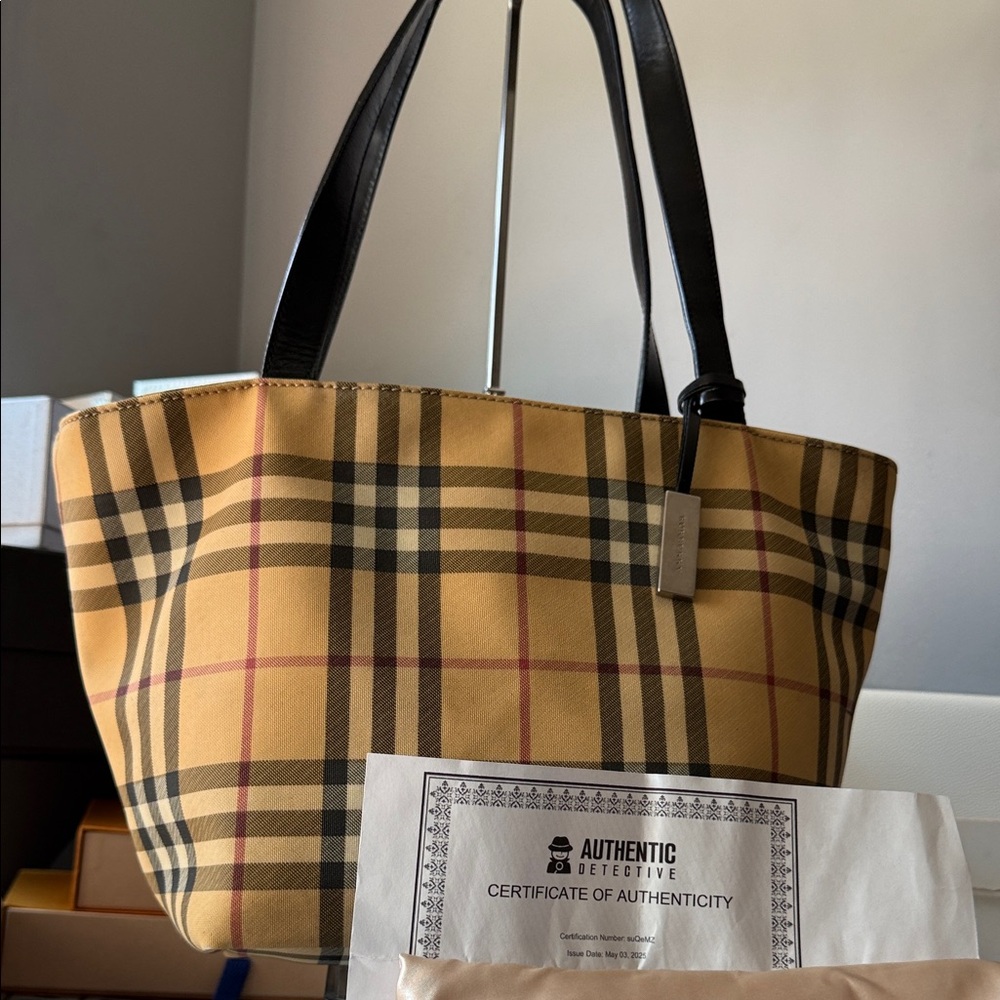 Burberry Tan and Black Checkered Tote